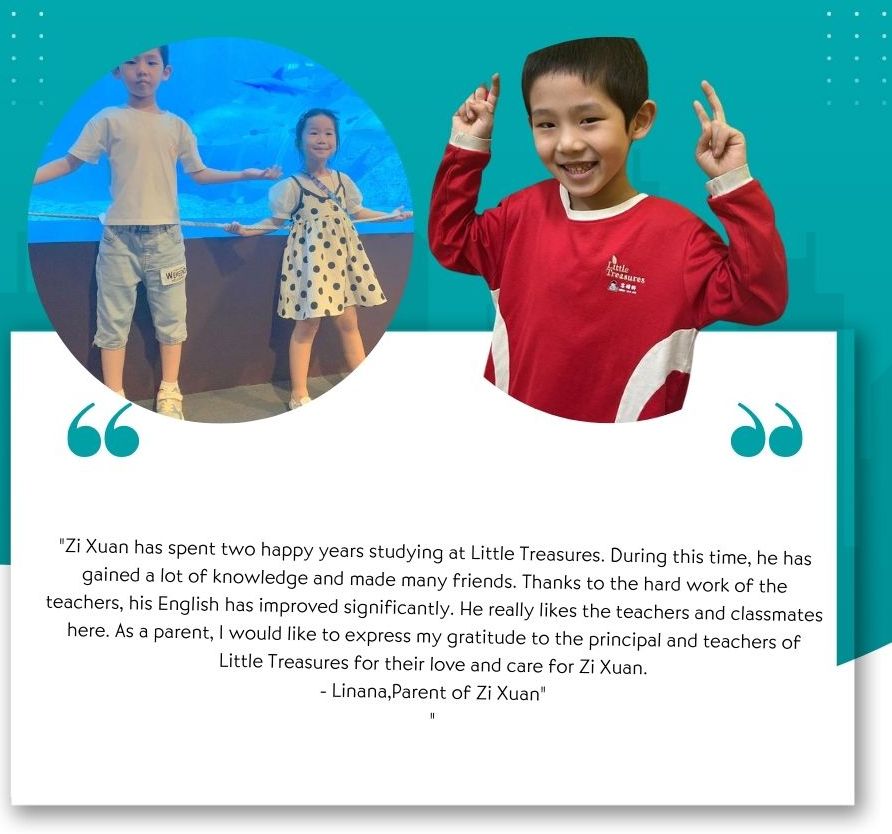 Linana’s children smiling in front of aquarium and in Little Treasures uniform